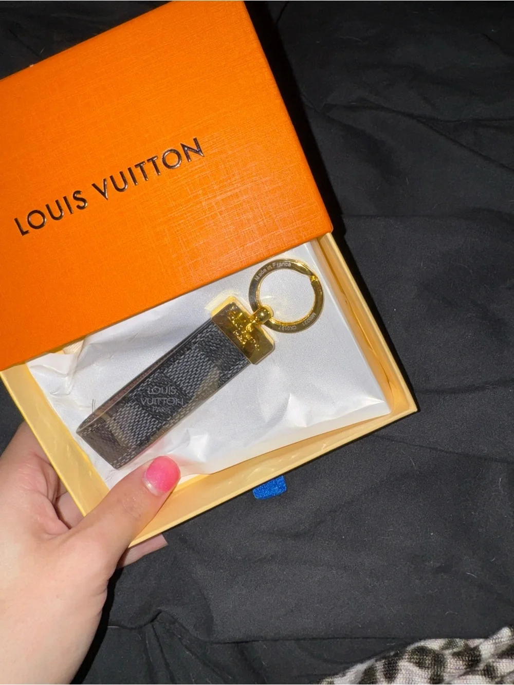 Louis Vuitton Black Leather Key Loop with Gold Ring